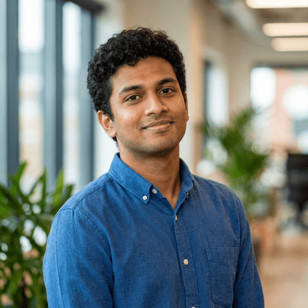 Male IT consultant in his early 40s, South Asian, confident professional demeanor, in a modern office