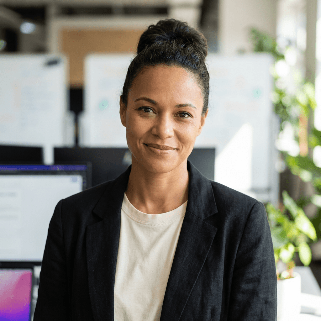 Female IT systems engineer in her mid 30s, White, professional calm demeanor, in a modern office