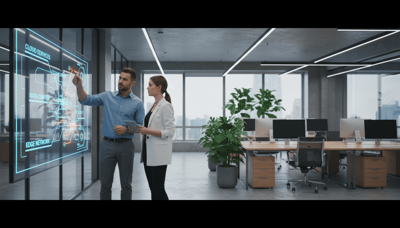 IT consultant discussing infrastructure diagram in modern office