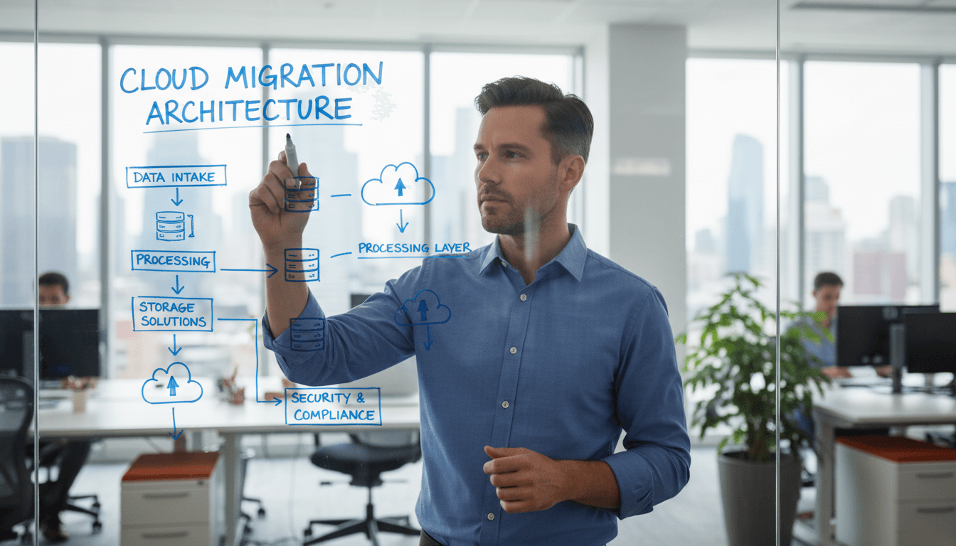 Consultant pointing at workflow chart on a glass board