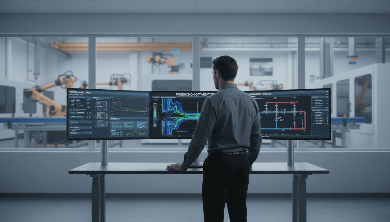 Two engineers review a process flowchart on a desktop monitor in a bright office