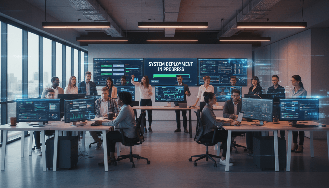 Engineer analyzing a deployment pipeline on a large monitor in a modern office