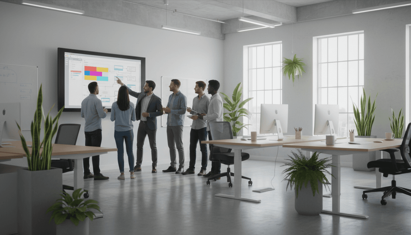 Software development team reviewing deployment pipeline in a bright modern office