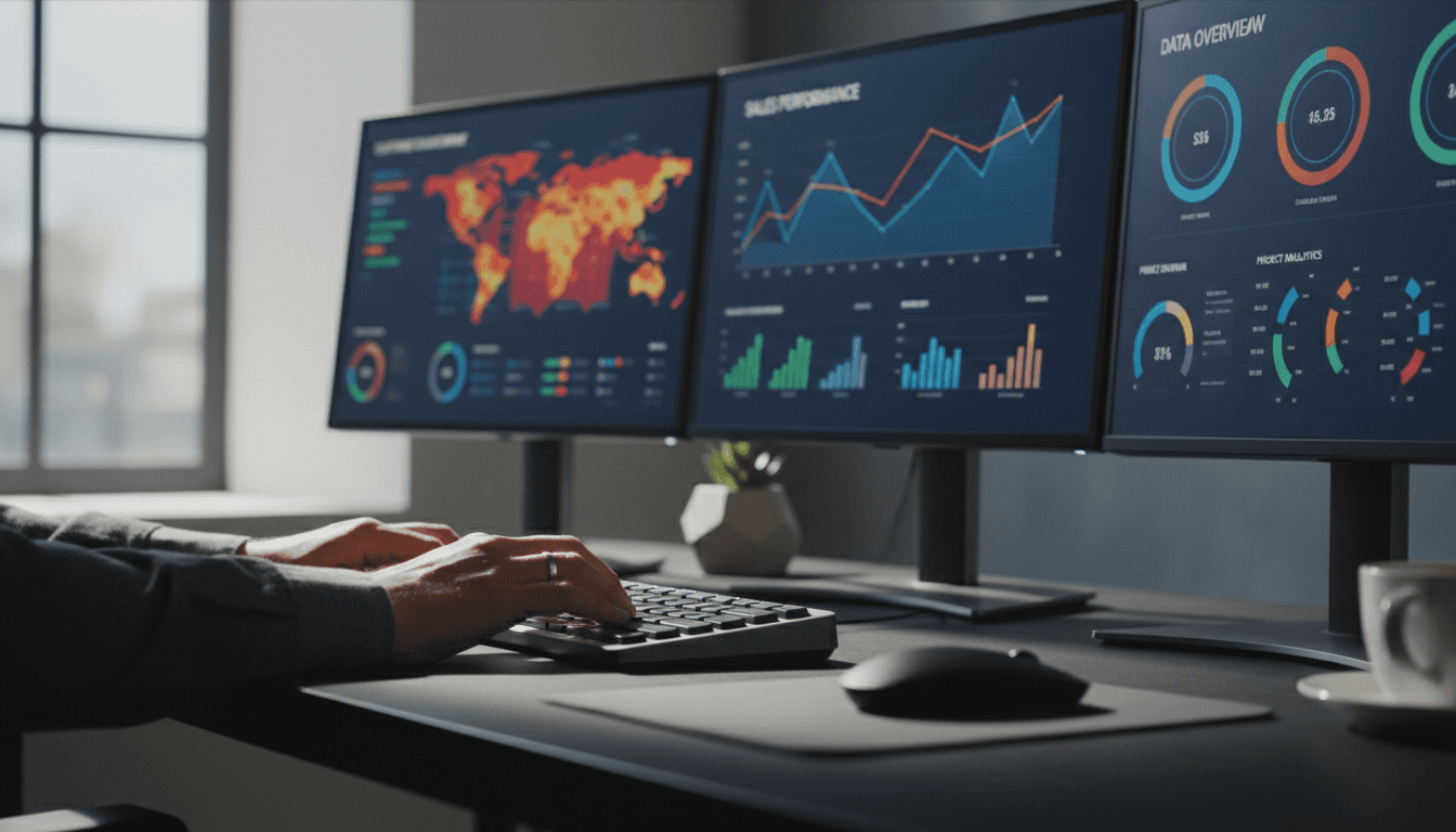 Engineer reviewing performance charts on multiple monitors