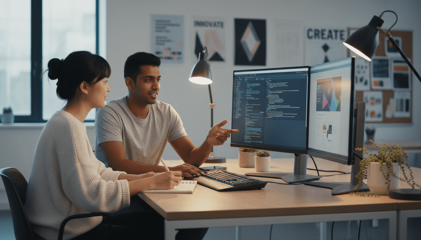 Developer reviewing code on dual monitors in a modern office