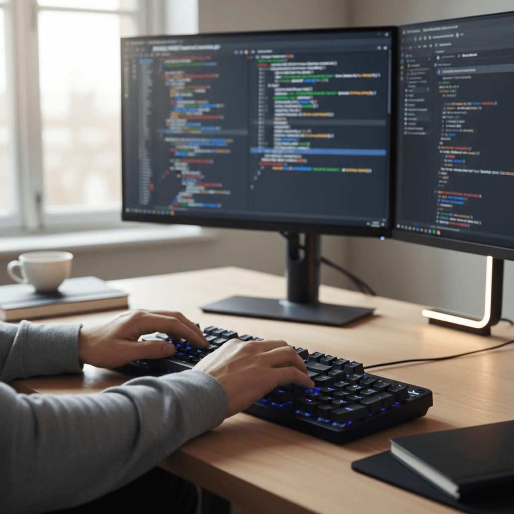 Engineer reviewing code on a monitor in a modern office