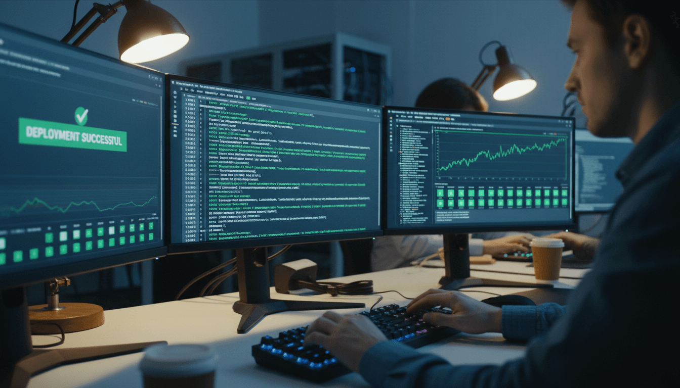 DevOps engineer reviewing deployment dashboards in a modern office