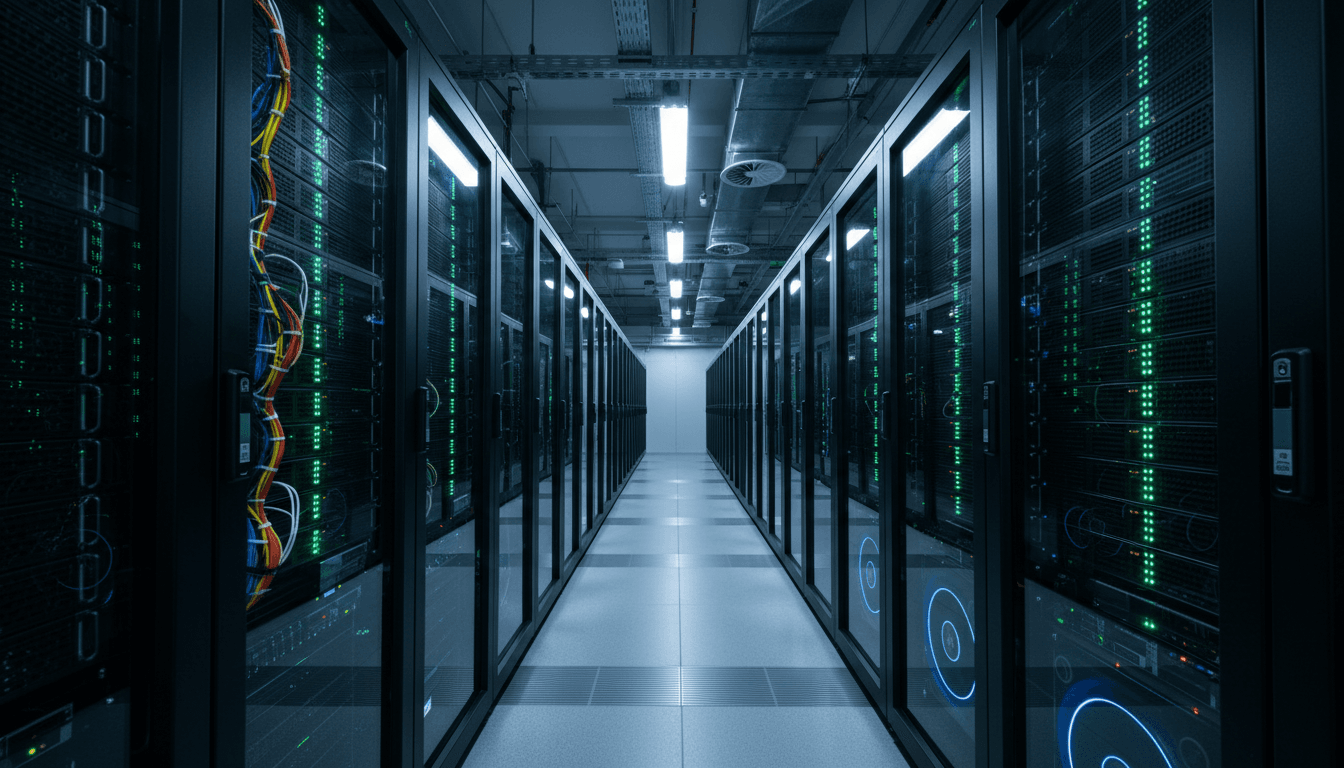 Server racks with blue status lights in a modern data center