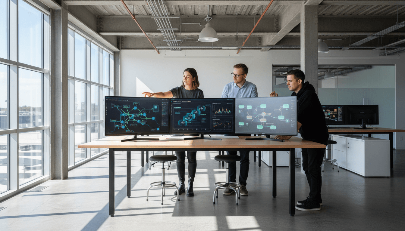 Engineers reviewing system architecture on multiple monitors in a dimly lit modern office