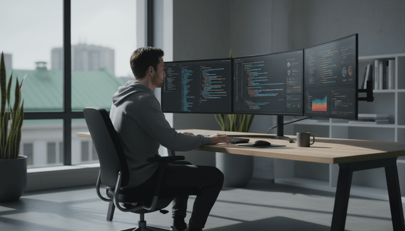 Software developer reviewing code on dual monitors in a modern office